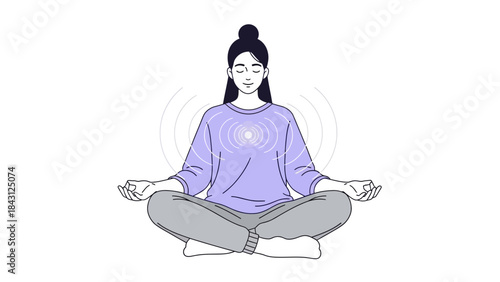 Illustration of a woman meditating with her eyes closed in a lotus position minimalism
