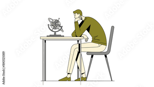 contemplative illustration of a person studying a globe, conceptual design, abstract art