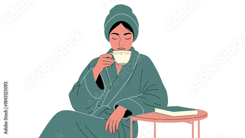 Woman enjoying a cup of tea in a bathrobe, relaxing, spa, illustration
