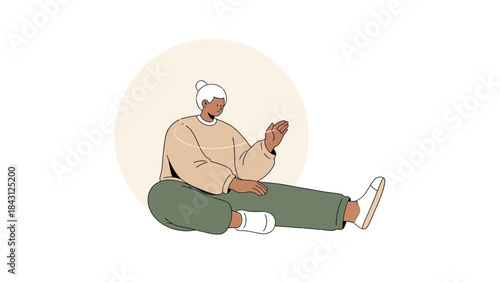 Illustration of an elderly person seated with their legs extended, minimalist design