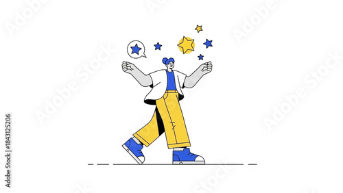 Illustration of a person walking with stars representing achievement and success