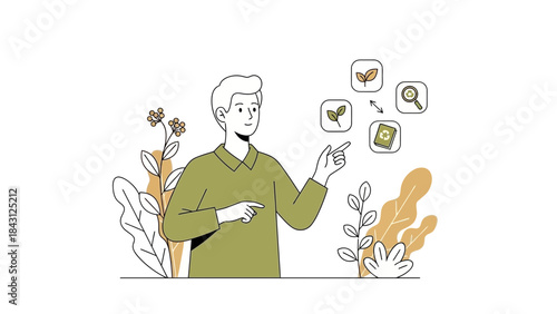 Illustration depicting a man pointing at environmental and recycling icons for ecology