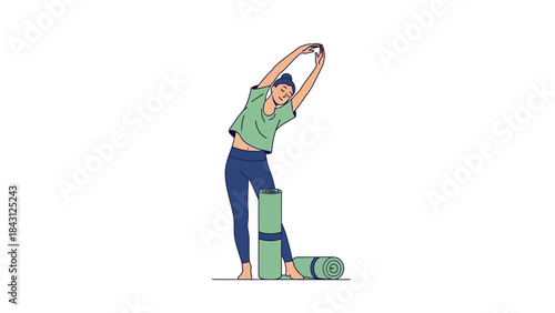 Woman Stretching after Yoga Workout with Yoga Mats on White Background Simple Illustration