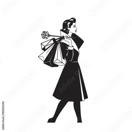 Pin Up Shopping Woman Retro Black and White Vector Illustration