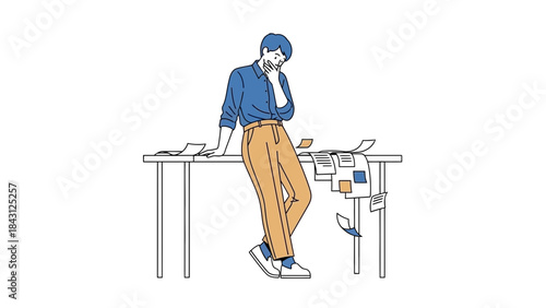Illustration of a Man Overwhelmed by Work Documents Leaning on a Table