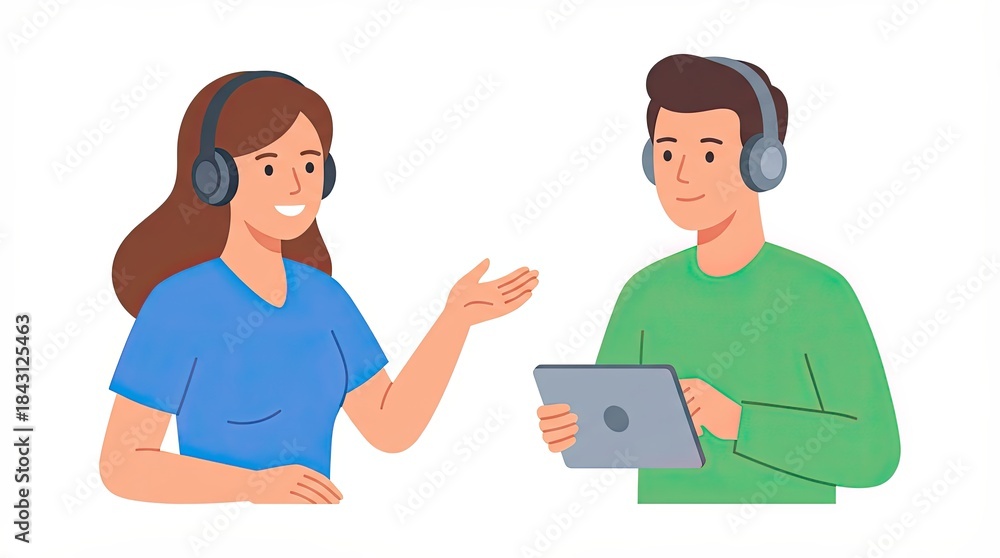 Obraz premium Smiling Woman Talking to Customer on Headphones. Flat Vector Illustration. Isolated on white background.