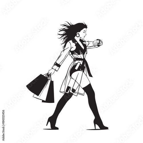 Fashion Woman Shopping Illustration Walking Fast Checking Time