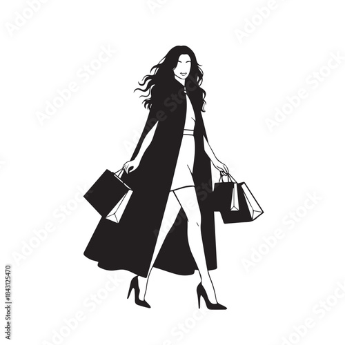 Fashion Woman Shopping in Long Coat Holding Bags, Black and White Vector Illustration