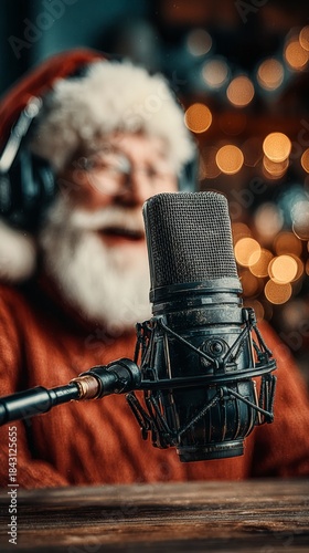 Contemporary santa: podcasting with christmas spirit. Grotesque style. Enthusiastic santa in festive red spreads joy in a podcast. Avant-garde shots. Dreamlike imagery.