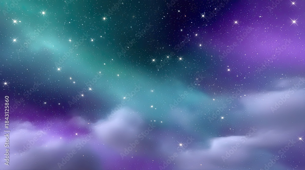 Fototapeta premium Enchanting Night Sky with Colorful Aurora Borealis and Twinkling Stars over Soft Cloud Layers, Perfect for Dreamy and Fantasy Themes