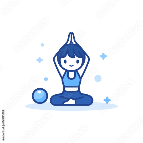 A serene and peaceful illustration of a person meditating in a yoga pose with gentle sparkles and a small blue ball symbolizing balance and well-being