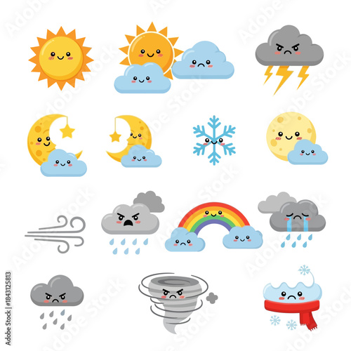 Cute Kawaii Weather Icons Set - Cartoon Sun, Moon, Rain, and Storm Characters