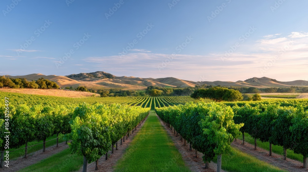Fototapeta premium Expansive Vineyard Landscape with Lush Green Rows Under Clear Blue Sky and Rolling Hills at Sunset