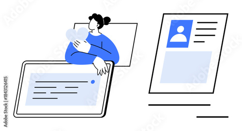 Digital communication concept. User interacting with messages and profiles s digital communication. Digital communication bridges technology and human connectivity. For apps, social media, UX design