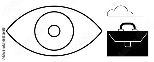 Vision, business strategy, innovation, productivity, goal setting, professional planning. Minimalist eye, briefcase and cloud in a linear black-and-white design. Vision and business strategy