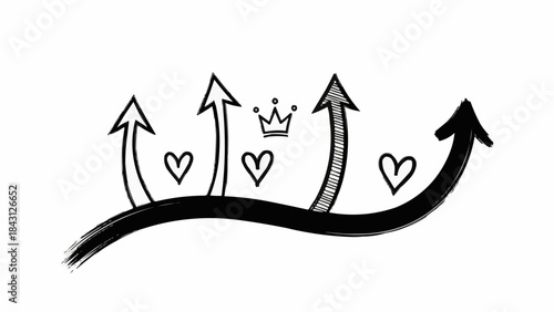 Arrows pointing upwards with hearts and crown symbolizing success and growth.