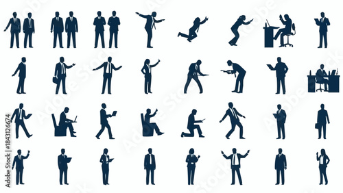 Collection of Diverse Business People Silhouettes in Various Poses and Actions.