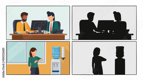 Diverse colleagues collaborate and communicate in modern office settings.