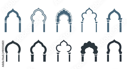 Set of Islamic and Moorish Arch Designs, showcasing traditional arches, ornate doorways, and intricate decorative patterns, ideal for architecture, cultural artwork