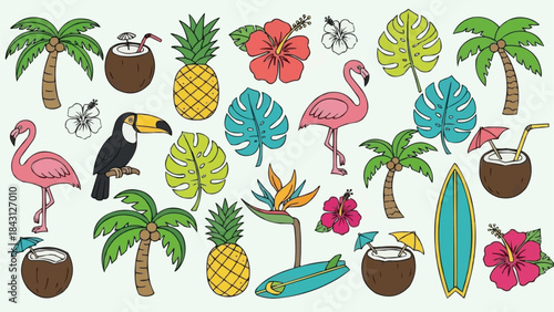 Tropical Summer Vacation Elements Collection with Flamingos Toucans and Coconuts.