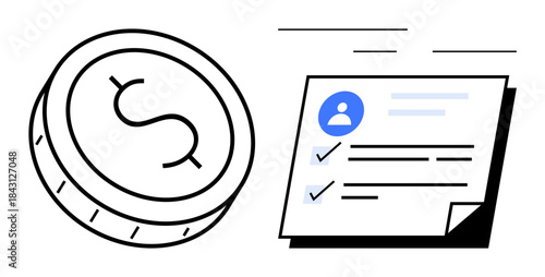 Coin and checklist with user profile and checks symbolize financial planning, task management, and budgeting. Ideal for finance, productivity, goals, economy, organization, savings simple flat
