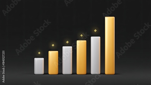 Modern business growth chart with ascending bars in yellow and gray colors on a dark background representing financial success and increasing profits