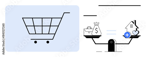 E-commerce concept. E-commerce growth with a shopping cart and financial balance illustrations. E-commerce connects consumer decisions, finances, and property investments. For business, technology