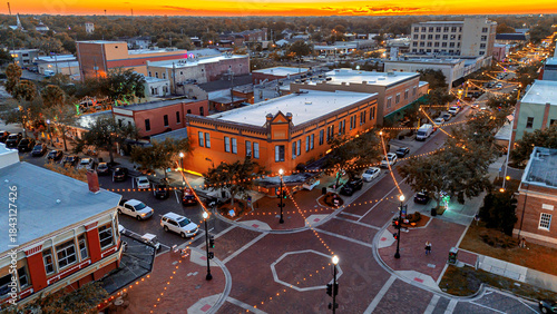 Aerial View of Sunset at Historic Downtown Sanford in Christmas time from a Drone, Sanford, Florida, USA.