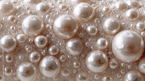 Seamless all-over pearl pattern with luxurious glossy textures, elegant round shapes, and soft lighting, creating a sophisticated decorative design suitable for fashion, beauty, and luxury concepts.