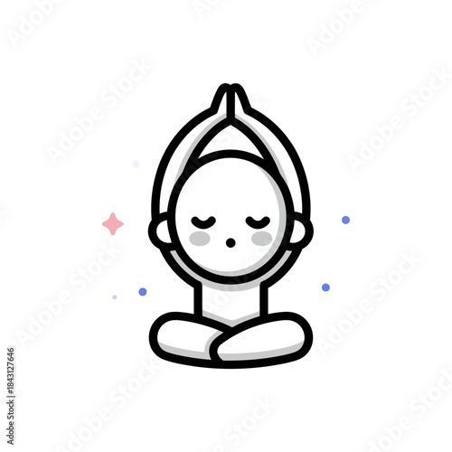 Calm and peaceful line art icon of a person meditating in a serene yoga pose with hands pressed together, symbolizing mindfulness, spiritual balance, and inner tranquility