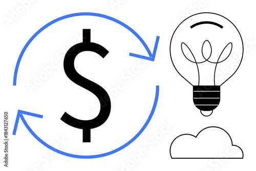 Financial growth, innovation, renewable energy, economy, sustainability, creative solutions. Dollar sign with arrows, lightbulb and cloud. Financial growth and innovation concept