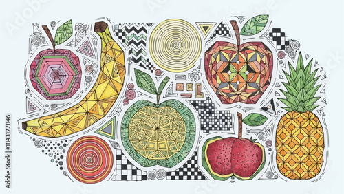 Colorful Geometric Fruit Illustration with Banana Apple Pineapple and Orange Slices.