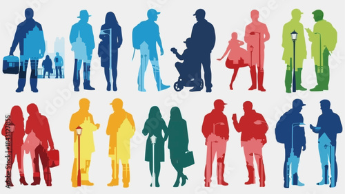 Diverse group of people in colorful silhouettes representing various ages and activities.
