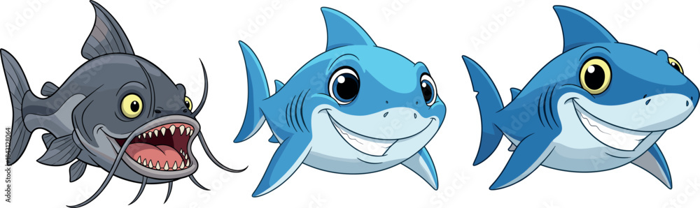 Obraz premium Cartoon Collection of Aggressive Catfish and Happy Smiling Blue Shark Characters Vector for Ocean Life and Marine Animal Graphics.
