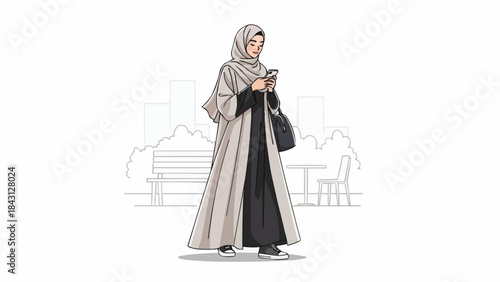 Elegant Muslim Woman in Traditional Abaya and Hijab Holding Phone.