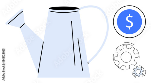 Business investment, financial planning, growth strategy, money management, productivity, economic development. A watering can with a dollar sign and gears. Financial planning and growth strategy
