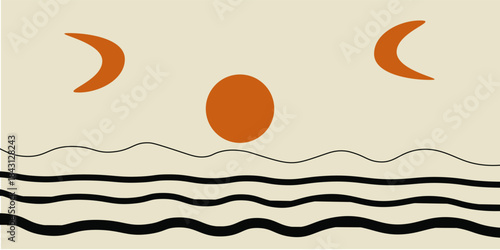  Modern abstract aesthetic background with moon phases and geometric waves. Wall decor in boho style. Mid century minimalist art print. Vector design