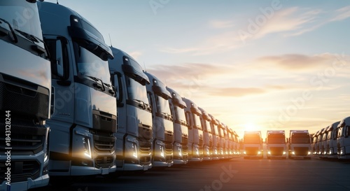 Fleet of modern cargo trucks lined up in a transportation yard at sunset, showcasing their sleek designs and powerful presence, symbolizing logistics and cargo transportation efficiency