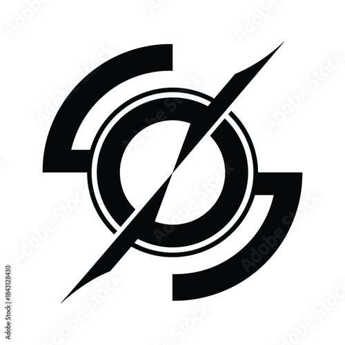 Abstract black and white logo design featuring a circle split by a diagonal line isolated on