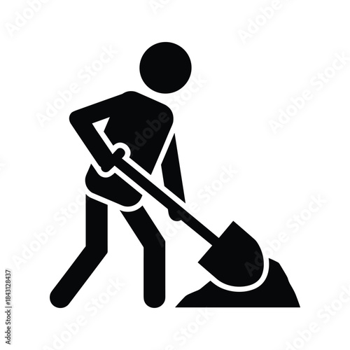Silhouette icon of a person digging or shoveling dirt, isolated on