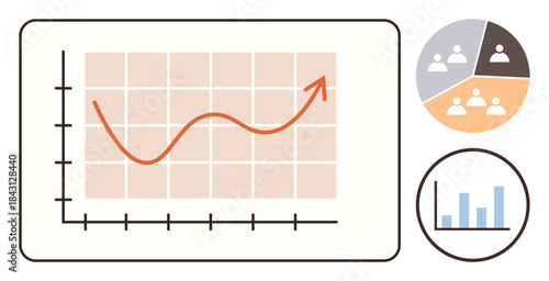 Red trend line on graph showing growth, pie chart depicting group proportions, bar chart for data comparison. Ideal for analytics, business strategy, statistics, trends, growth, marketing