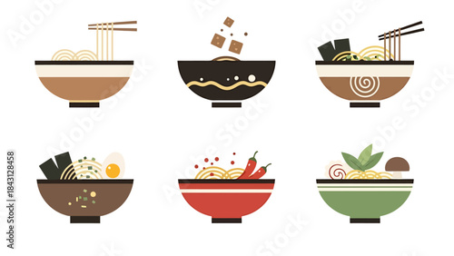Variety of Delicious Noodle Soup Bowls Set Asian Cuisine Illustration