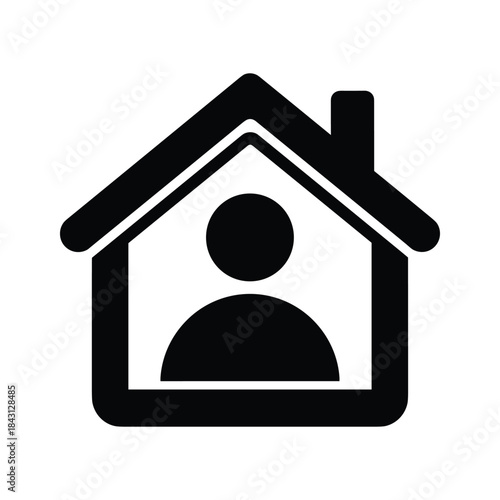 Simple black and white icon representing a person inside a house outline, isolated on