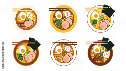 Flavorful Noodle Soup Bowls with Chopsticks Overhead View