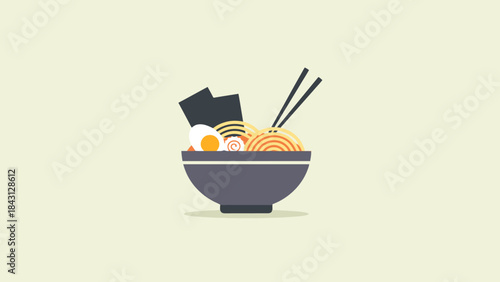 Delicious Noodle Soup Bowl with Chopsticks Flat Design Illustration