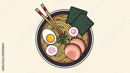 Delicious Noodle Soup Bowl with Egg Meat and Seaweed Top View Illustration