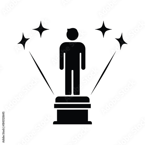 Silhouette icon of a person standing on a pedestal with spotlight and star effect isolated on