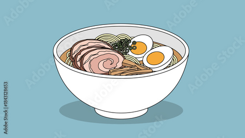 Flavorful Noodle Soup Bowl with Pork and Egg Delicious Asian Cuisine Illustration