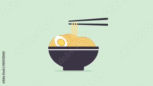 Delicious Noodle Bowl with Egg and Chopsticks Vector Illustration