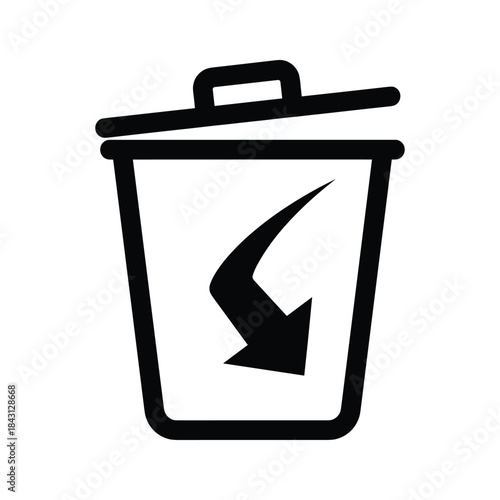 Black and white icon of a trash can with a curved arrow pointing down inside, isolated on